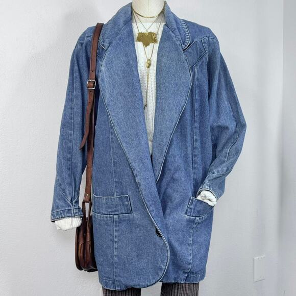 Vintage Denim Oversized Jacket One Button Shawl Collar Western Fishermancore - Picture 2 of 8